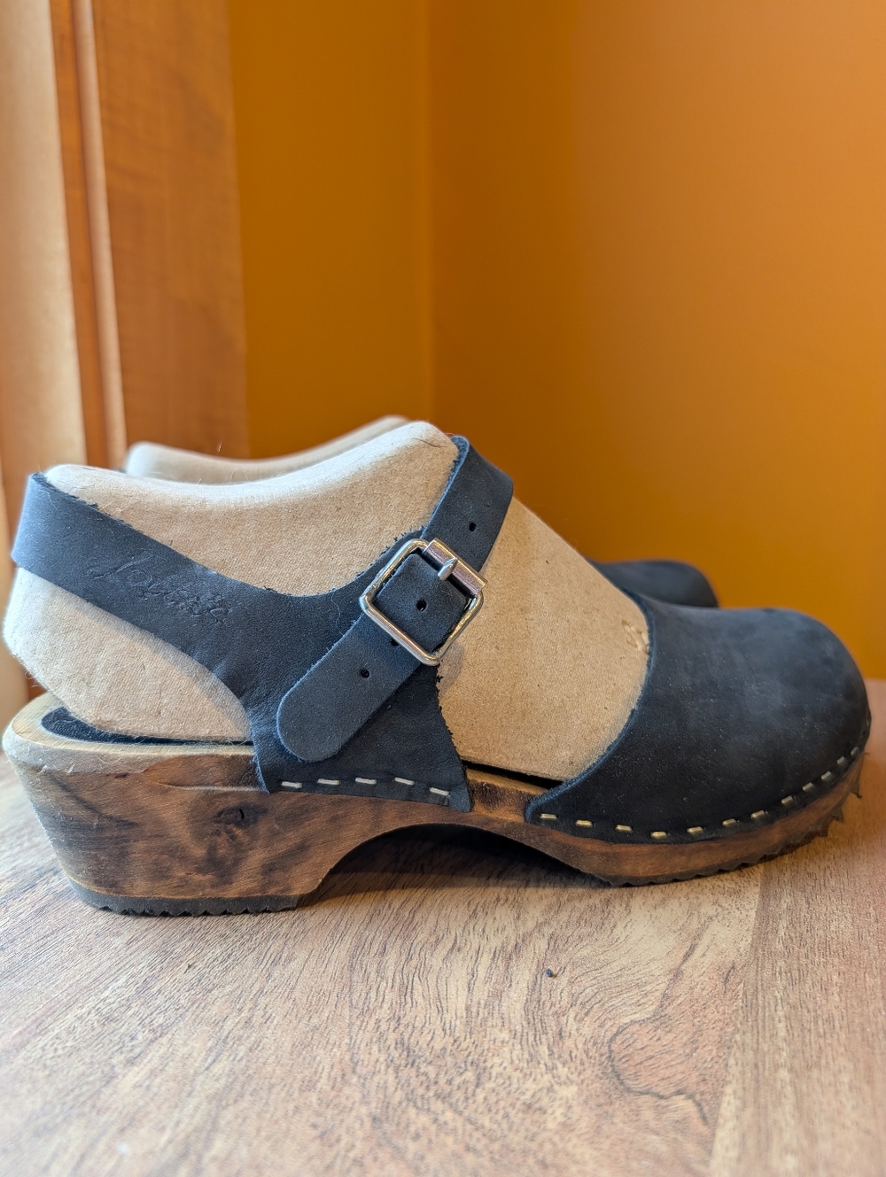 Lotta From Stockholm Low Wood Clogs In Black Oiled Nubuck On Dark Wood Base